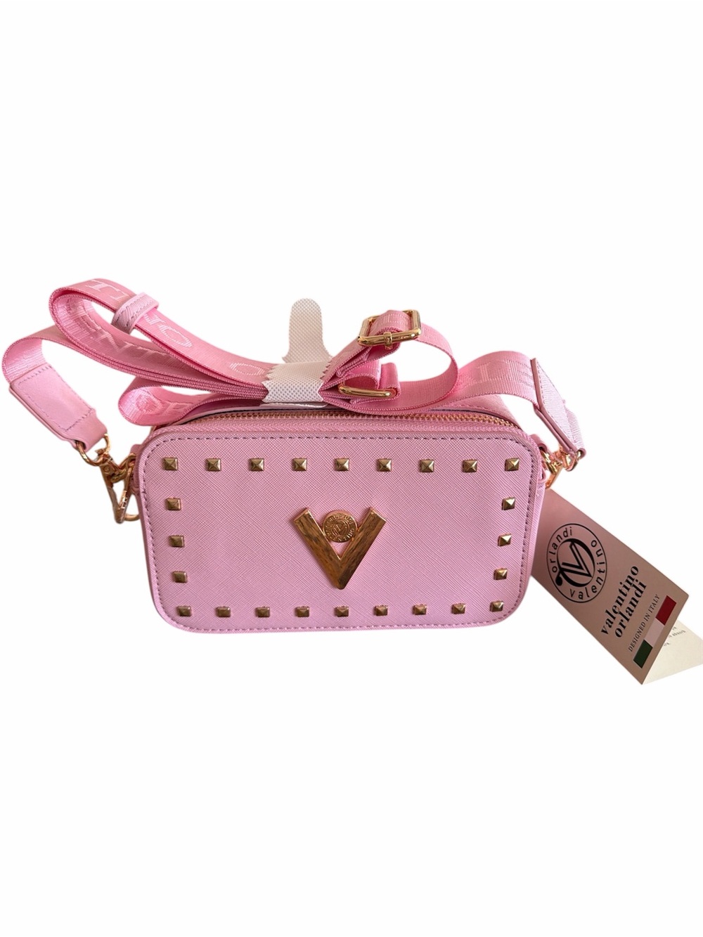 Valentino Orlandi Pink Studded Camera Bag with Gold Accents